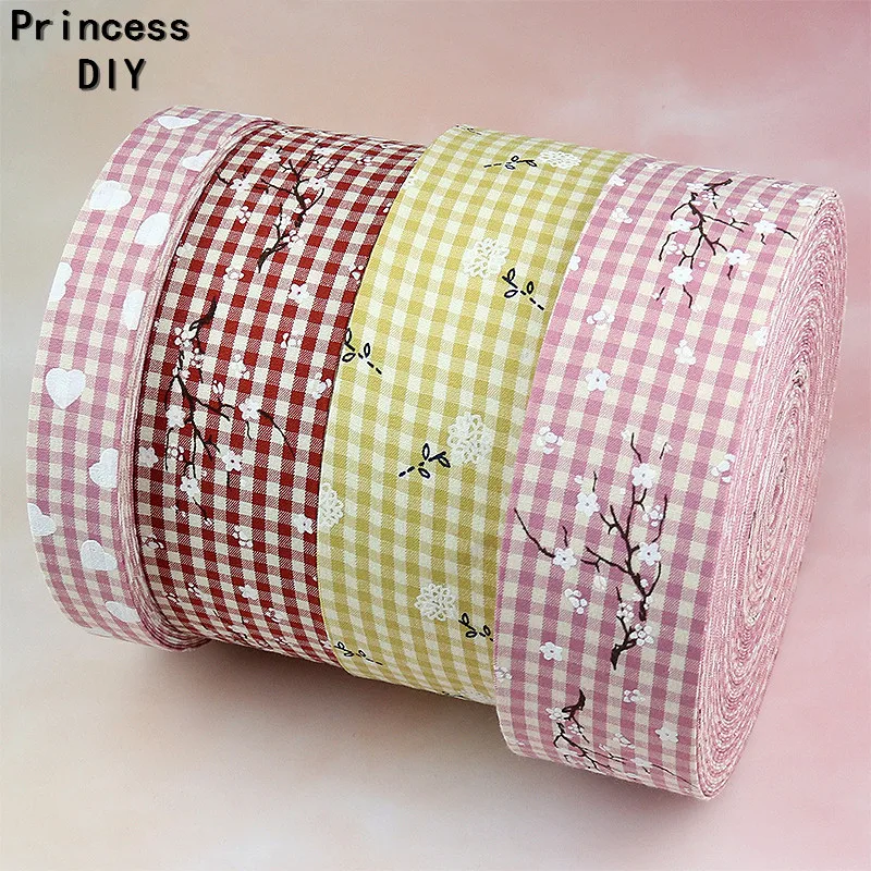 

5Meter/Lot 10 25 50mm Wintersweet Printed Pink Plaid Ribbon Red Yellow Folded Cotton Ribbon DIY BowTie Collar Craft Material