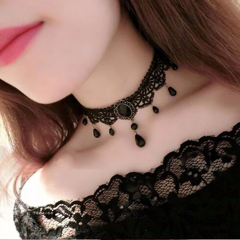 Fashion new necklace jewelry black lace leather velvet strip ladies stand party jewelry goose down neck short chain jewelry - Image 5