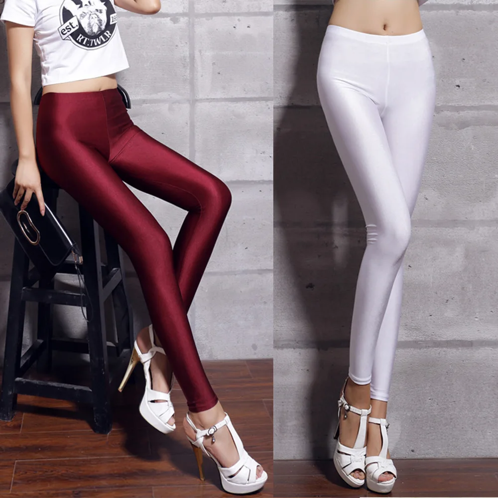 

Hot Selling 2019 Women Solid Color Fluorescent Shiny Pant Leggings Large Size Spandex Shinny Elasticity Casual Trousers for Girl