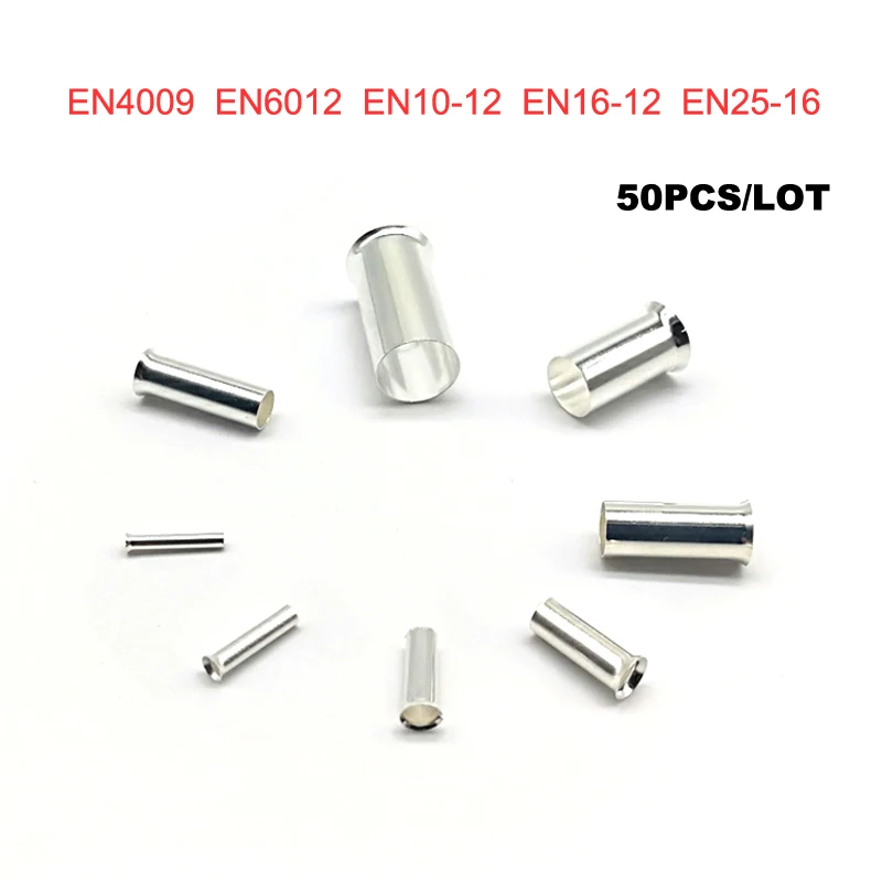 

50pcs Copper tube bare cord end terminals Electrical crimp naked terminal wire connector EN4009~EN25-16 cable ferrules 12-4AWG