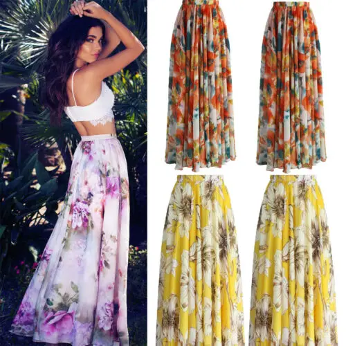 

2019 Women's Hippie Printing Hight Waist Maxi Skirt Pleated Beach Long Casual Skirt