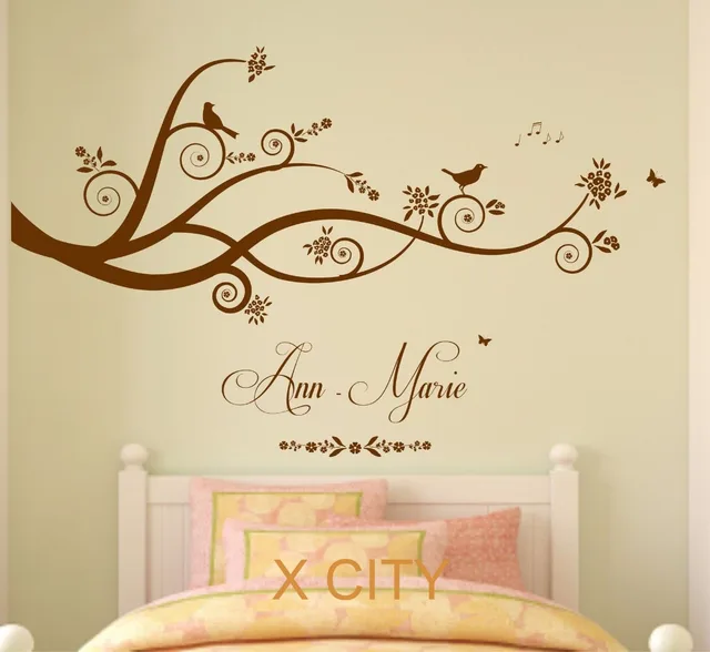 tree birds butterflies children girl personalised name vinyl wall