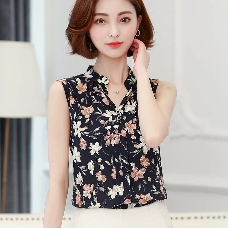 Women Chiffon Shirt Female Summer Sleeveless Stand Collar Blouse Office Ladies Fashion Work Top Slim Bottom Shirts Clothes H9036 3