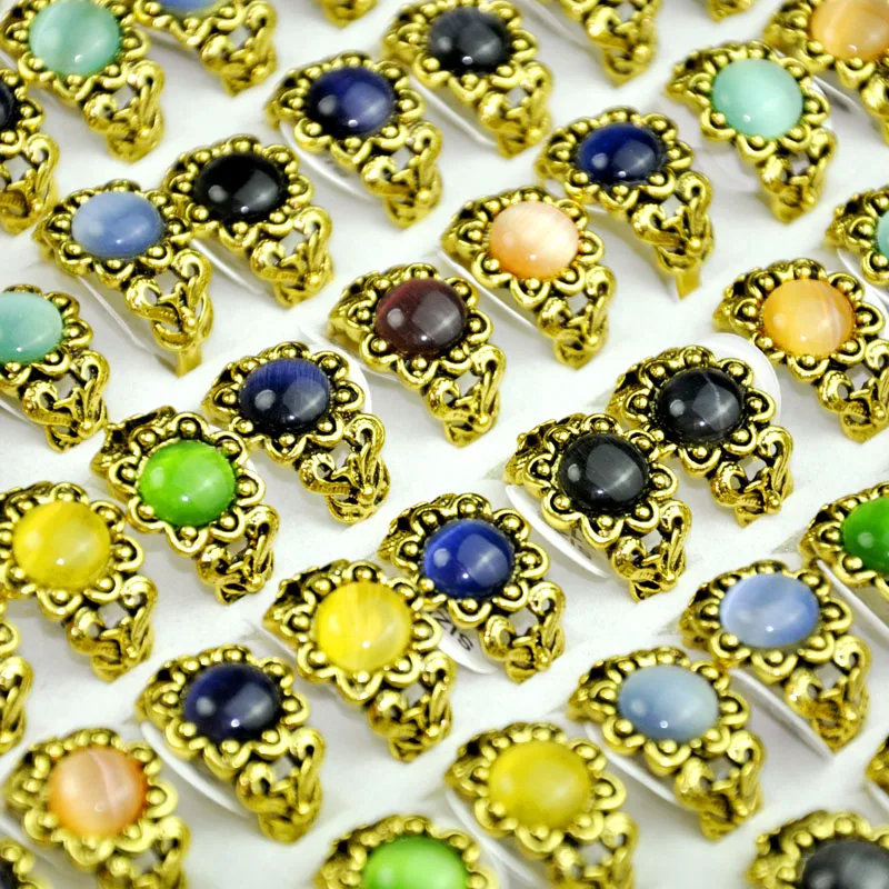 

100Pcs Vintage Opals Gold Women Rings Lots Jewelry Wholesale Bulks LR4146