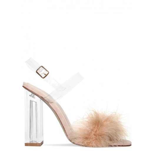 

Hot Spring Summer PVC Sandals Open Toe High Square Heels Woman Designer Sandals Ankle Strap Woman Rabbit Fur Sandals Tide Shoes