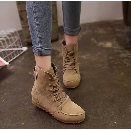 

2019 Winter Ankle Short Women Boots Flat Heel Lace-Up Single Boots Green Shoes Push Warm Flat Shoes Ladies Large Size