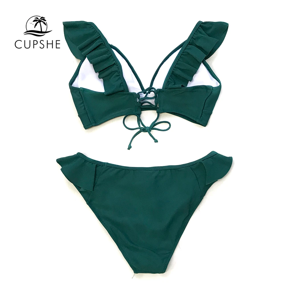 Online CUPSHE Solide Grün Gekräuselte Bikini Sets Frauen Spitze up Nette Zwei Stück Badeanzüge 2020 Mädchen Strand Badeanzüge Bademode
