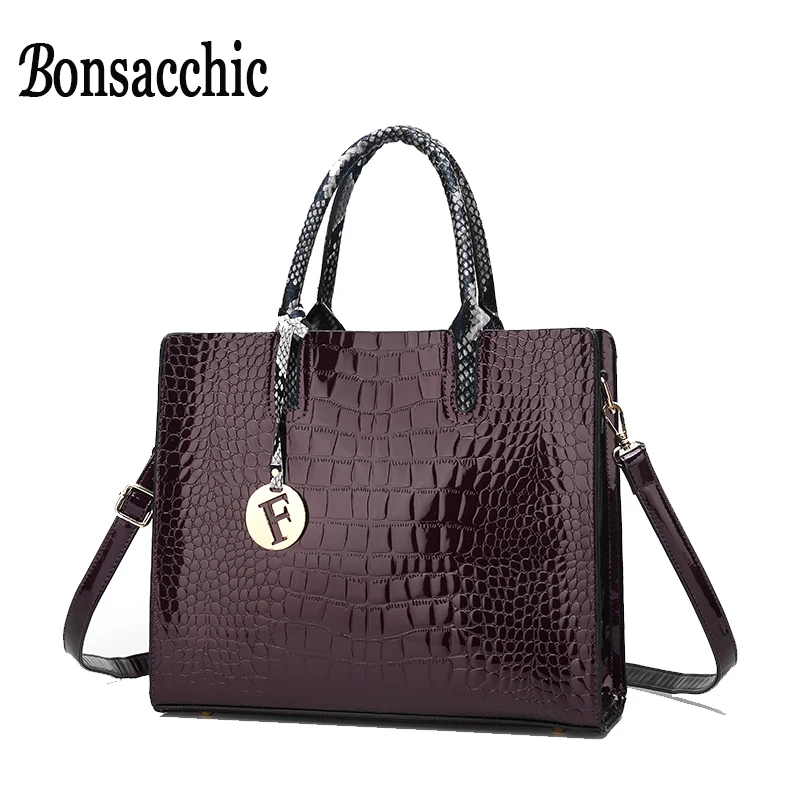 Bonsacchic крокодиловая Дамская ручная сумка Роскошные сумки женские лакированные