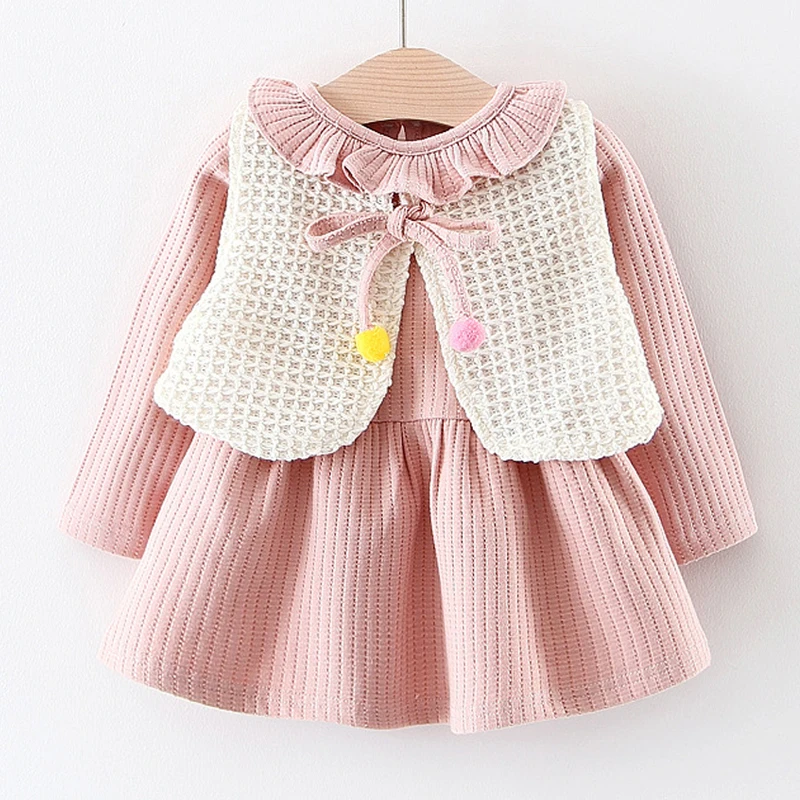 

Baby Dresses 2018 Spring Autumn New Baby Girls Clothes Cotton Doll Lace Collar Dress+Tie Vest Baby Clothing Kids Clothing