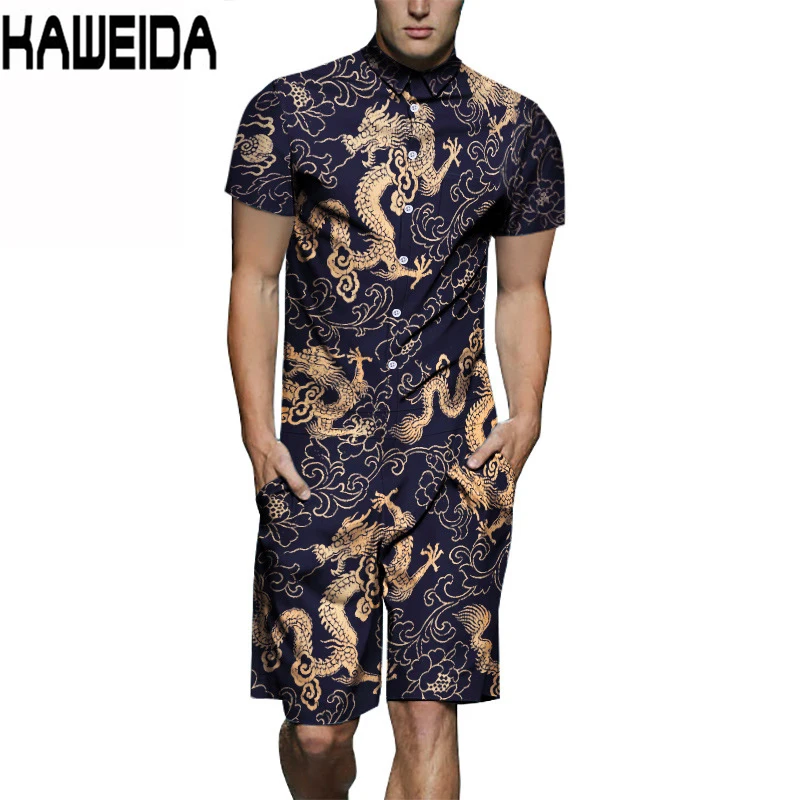 Plus Size Summer 2019 Men Set Button Rompers Jumpsuit Fashion Sumple Funny Streetwear Vintage Casual Summer Men Set Dropship