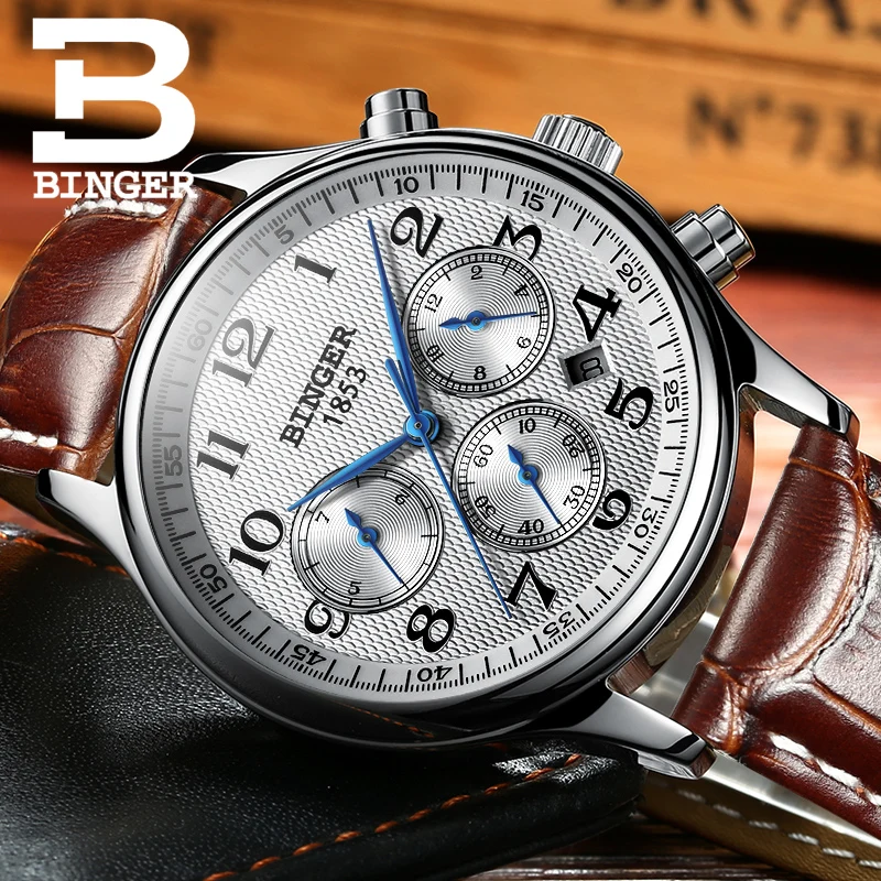 Watches Men Luxury Brand BINGER Automatic Mechanical Watch Waterproof Calendar Leather Wristwatch relogio masculino