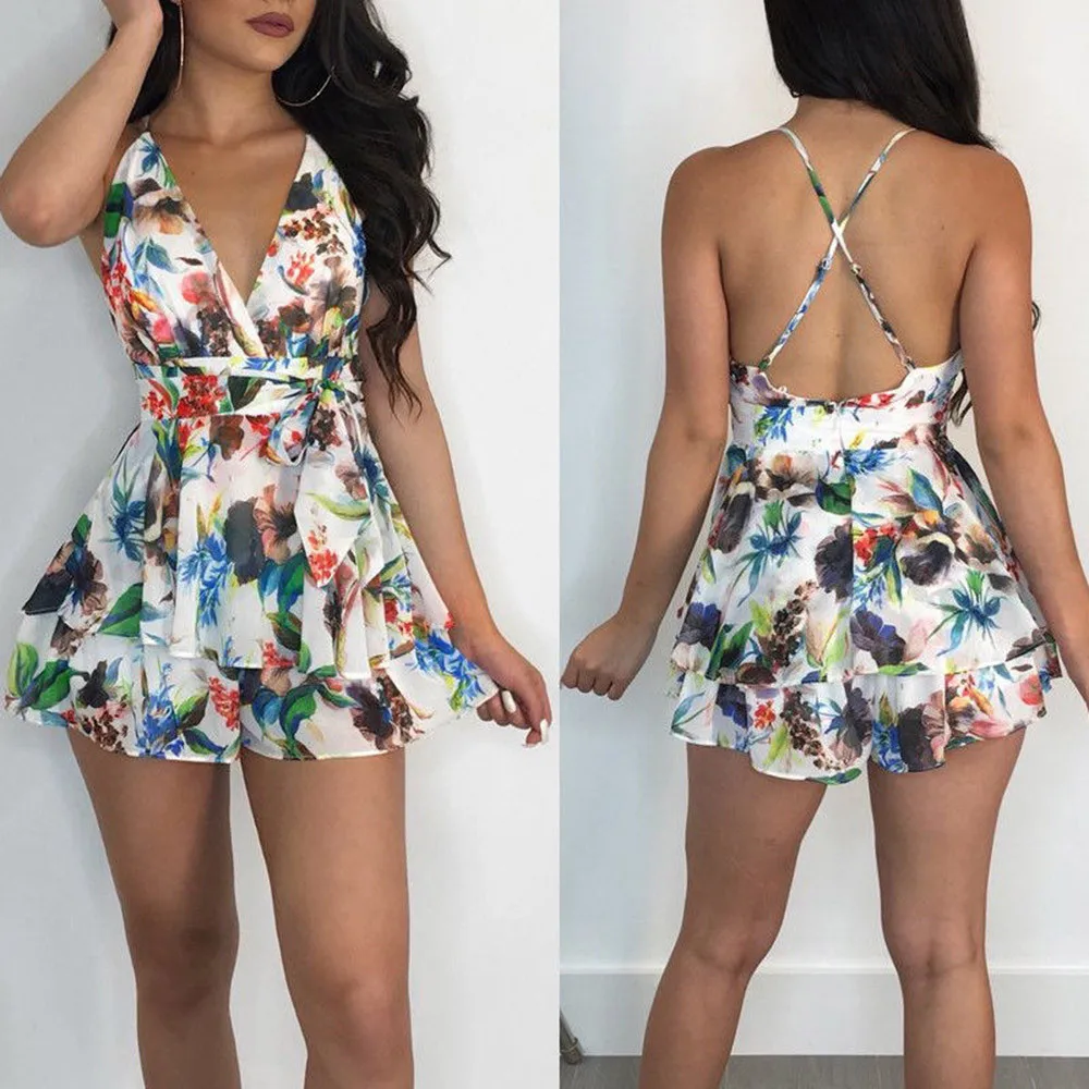 

Boho backless Playsuit Women Floral Printed Bandage Mini Jumpsuit V-Neck Beach Party holiday Romper vintage Body Mujer#ssw