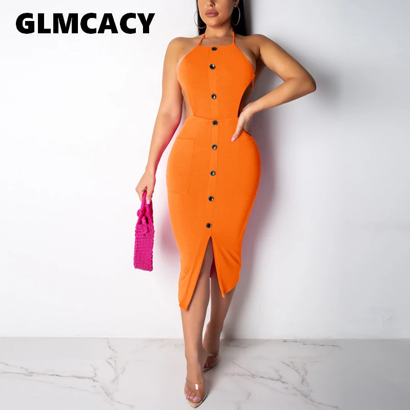 

Women Summer Halter Strap Backless Button Slit Long Dresses Sexy Off Shoulder Party Sleeveless Bodycon Dress Vestidos