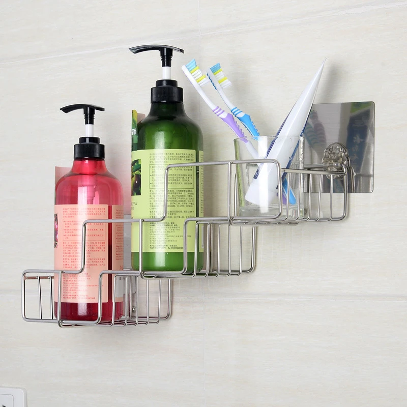 

Nail-Free Stainless Steel Bathroom Corner Frame Cosmetics Rack With Single Bathroom Shelf Strong Suction Cup Towel Rack Toilet