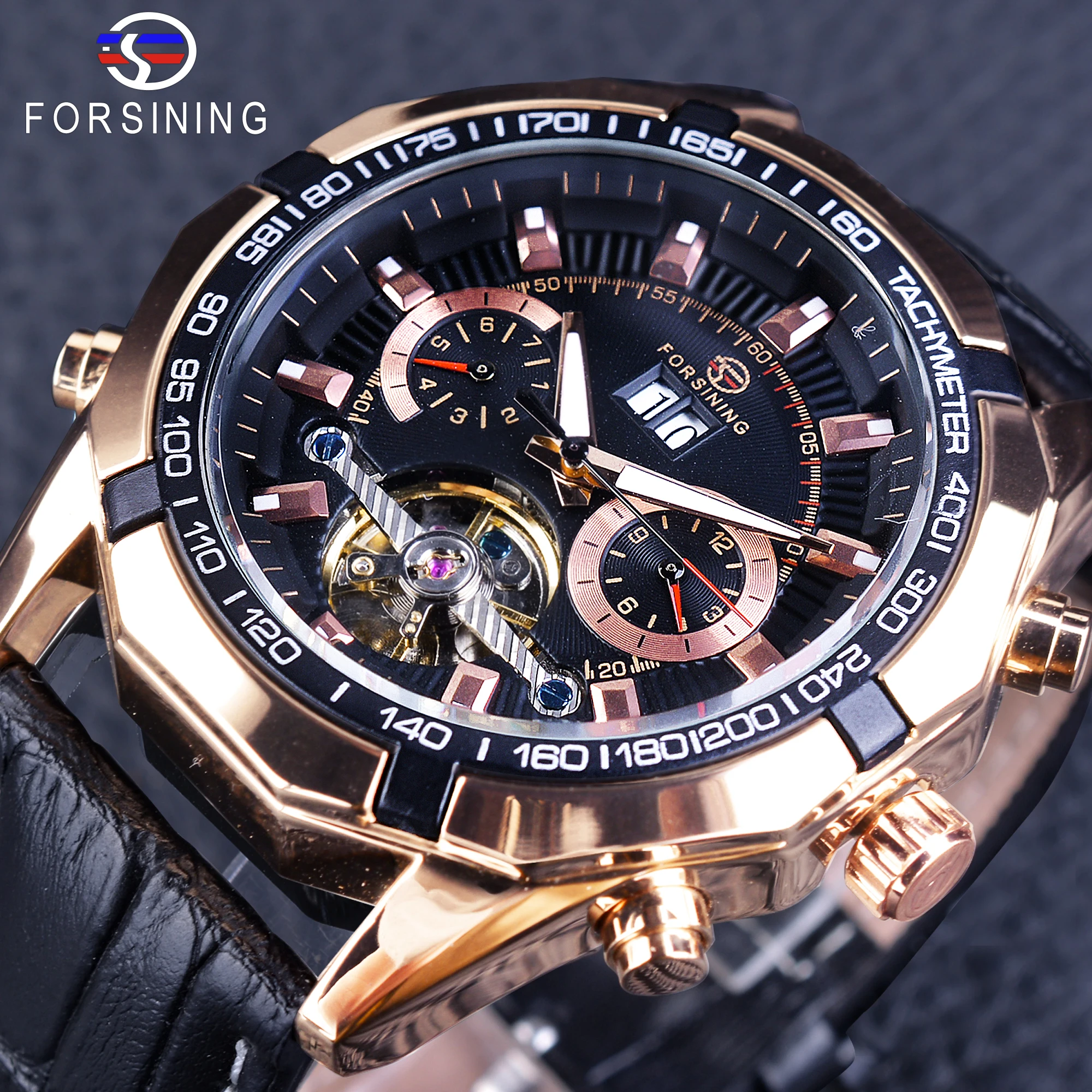 

Forsining Tourbillion Fashion Sport Style Rose Golden Case Black Genuine Leather Calendar Display Automatic Creative Watches