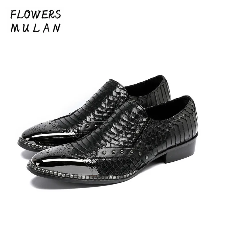 

Embossed Pattern Leather Calzado de Hombre Metal Toe Slip On Dress Shoes Chunky Heel Male Party Wedding Footwear Male Zapatos