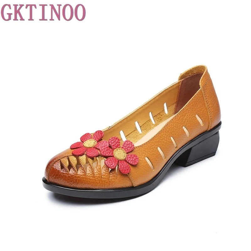 

Cowhide Handmade Floral Fashion Shoes Woman Low Heels Genuine Leather Shoes Hollow Sandals Women Pumps