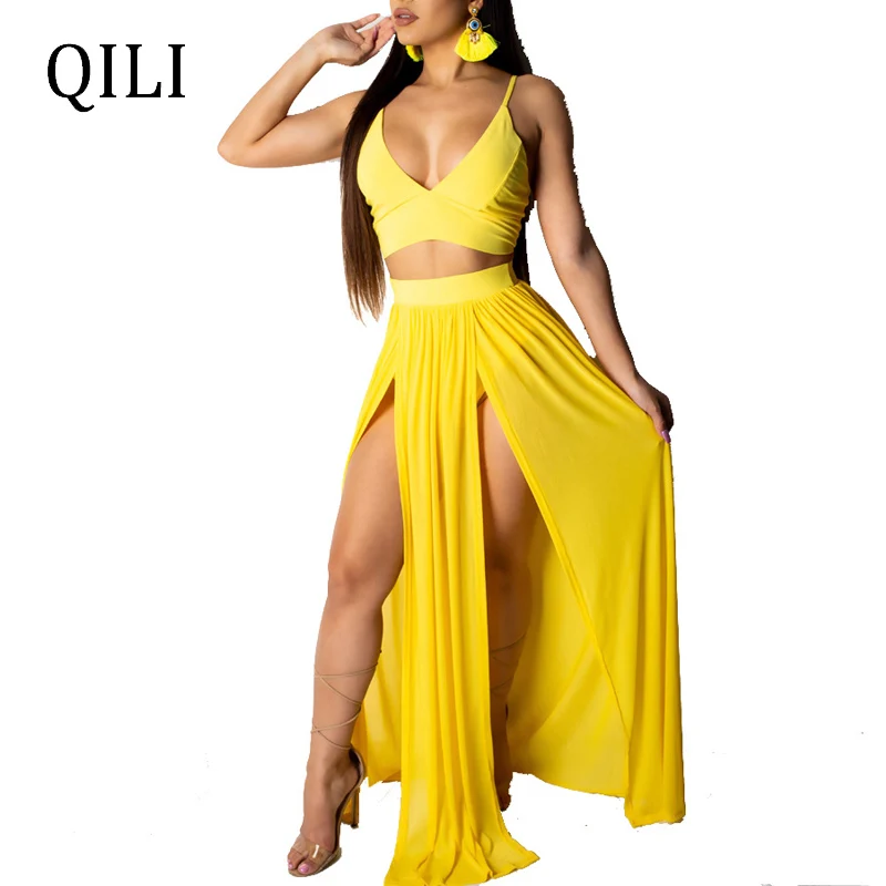 

QILI Beach Chiffon Dress Black Yellow Rose-red Two Piece Set Solid Spaghetti Strap Split Long Maxi Dresses Summer 2 Piece Dress