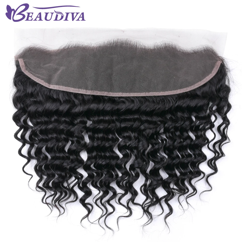BeauDiva 13*4 Lace Frontal Deep Wave Peruvian Human Hair Lace Closure Frontal Ear To Ear Free Part With Baby Hair Non Remy Hair