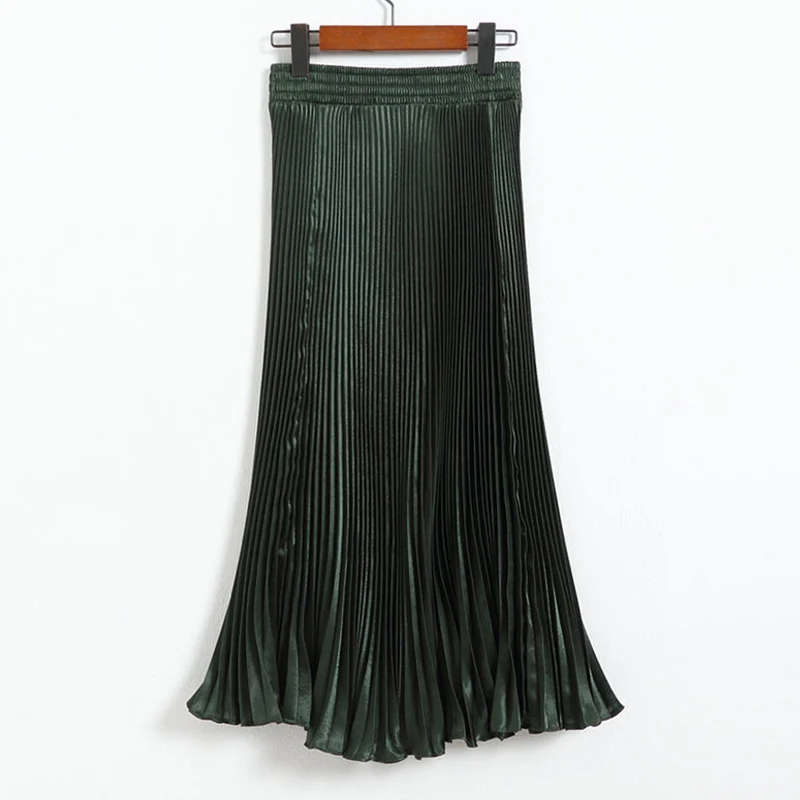 Dark-Green Aonibeier металлические яркие шелковые ткани эластичные, высокая посадка плиссированные юбки винтажные Разноцветные Летние женские повседневная юбка средней длины - Цвет: Dark-Green