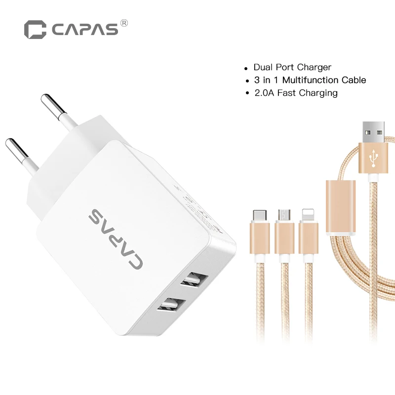 ЕС Телефон Зарядное устройство CAPASAE Универсальный Двойной USB Зарядное Устройство с 3 в 1 Нейлон Быстрая Зарядка Кабель для IOS Android