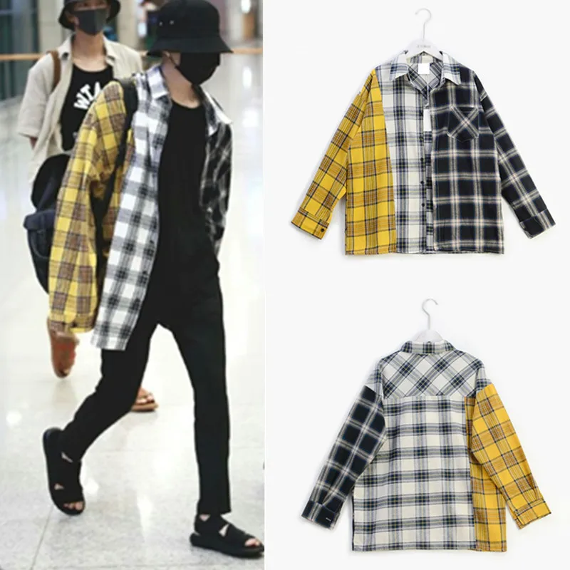 

New Kpop BTS Bangtan Boy BT21 SUGA Same Unisex Fashion Plaid Blouse Sweatshirt Korean Style Pocket Multicolor Lightweight Shirts