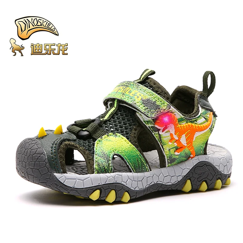 Сандалии с динозаврами детский светодиодный светильник летняя обувь для мальчиков 3D Динозавр светящиеся пляжные сандалии Детская обувь для мальчиков - Цвет: Зеленый