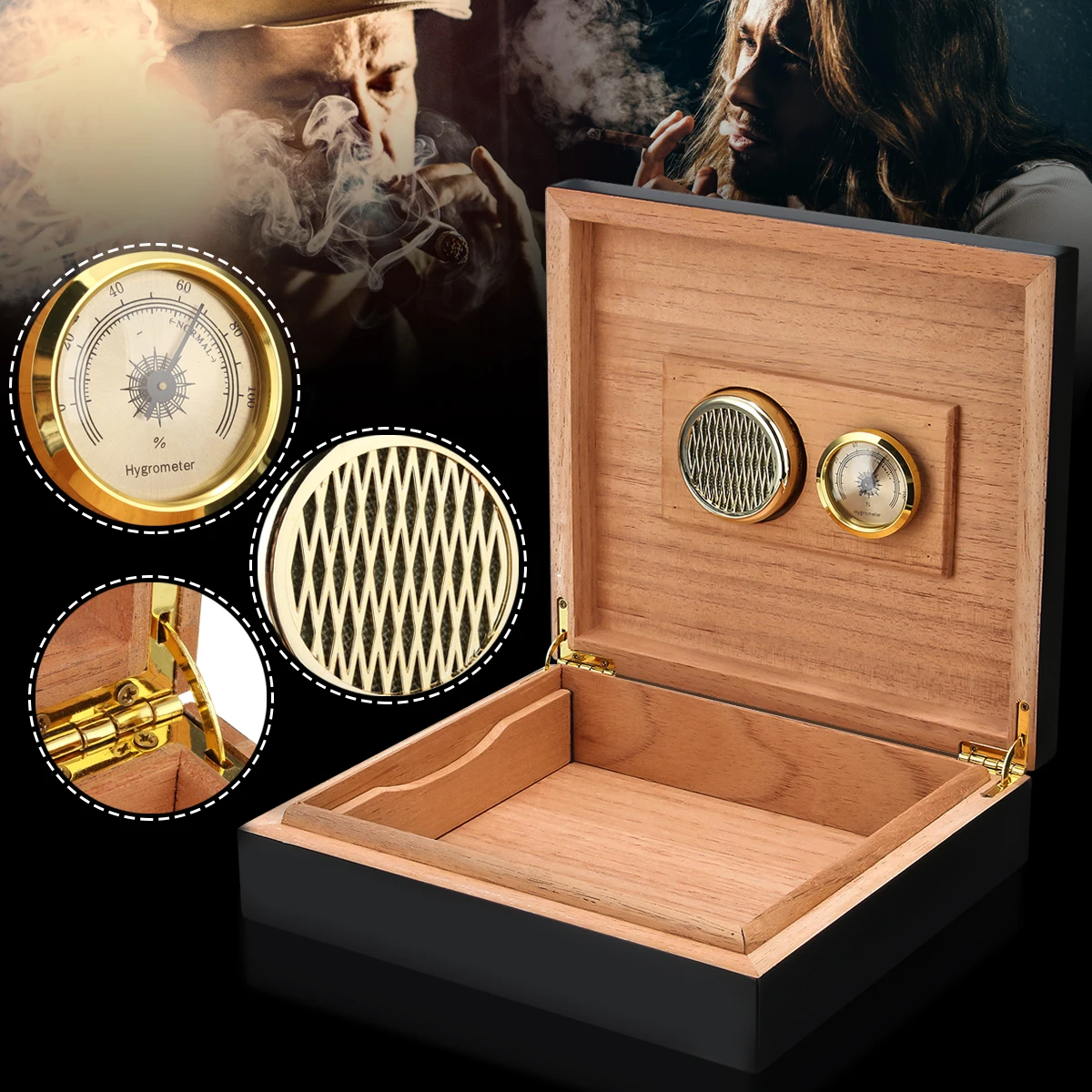 

Jeebel Cigars Wood Lined Cigar Case Black CedarCigar Storage Box with Humidor Humidifier Hygrometer Smoking Accessories