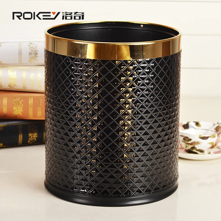 European Style Luxury Diamond grain leather stainless steel trash can