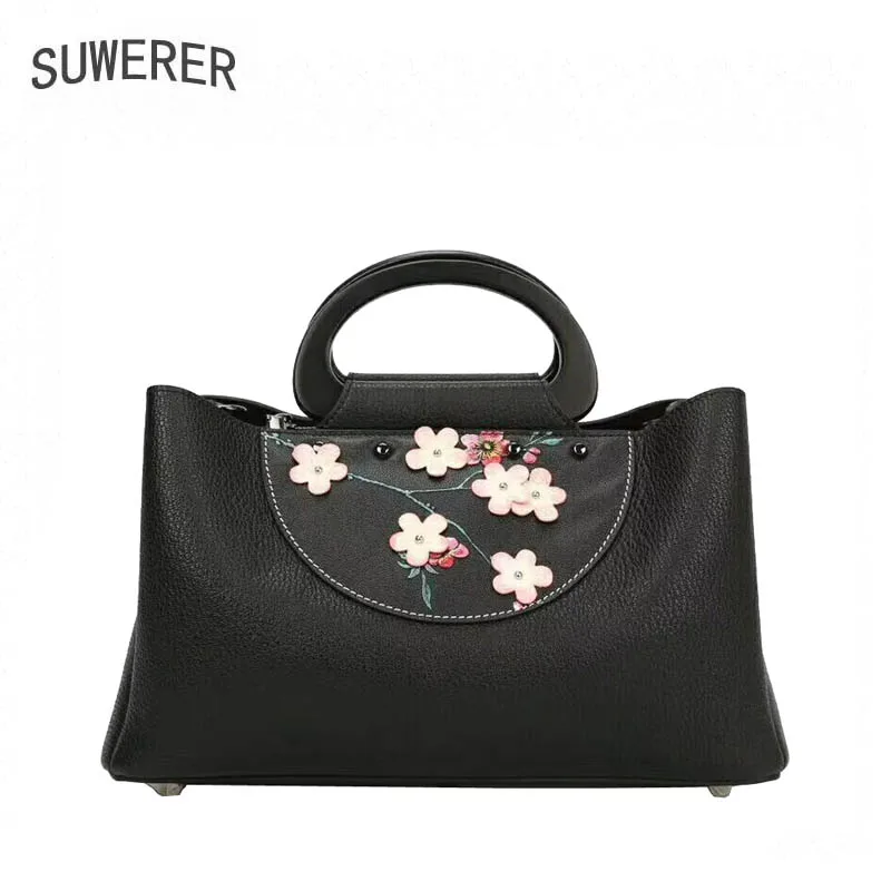 

SUWERER women leather handbag Superior cowhide Luxury fashion Flower bag tote women Genuine Leather bag women big capacity bag