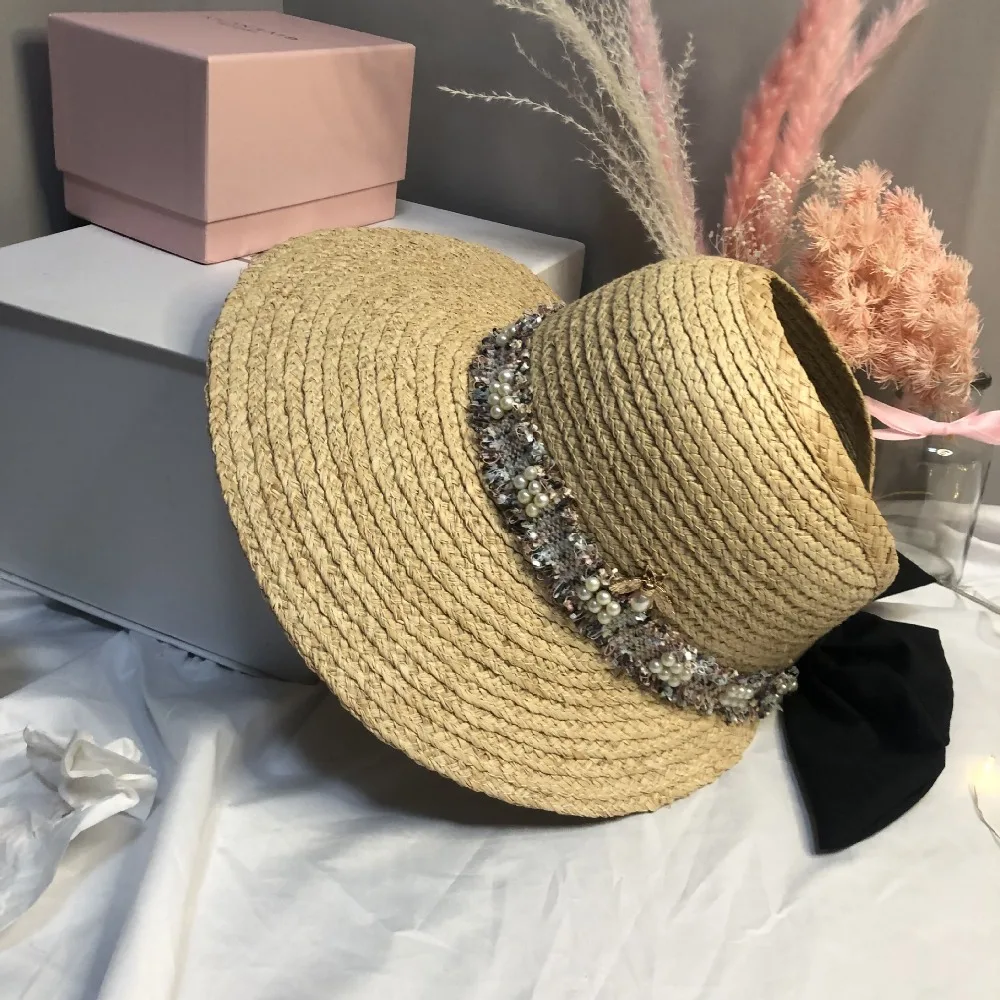 

01904-FY589541 new summer handmade raffia without bee pearl ribbon lady straw cap women leisure visors hat
