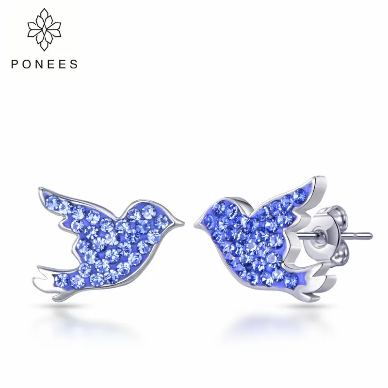 

PONEES New Trendy Wholesale Jewelry Blue Crystal Bird Stud Earrings For Women Fashion Cute Animal Bird Earrings For Girls Party