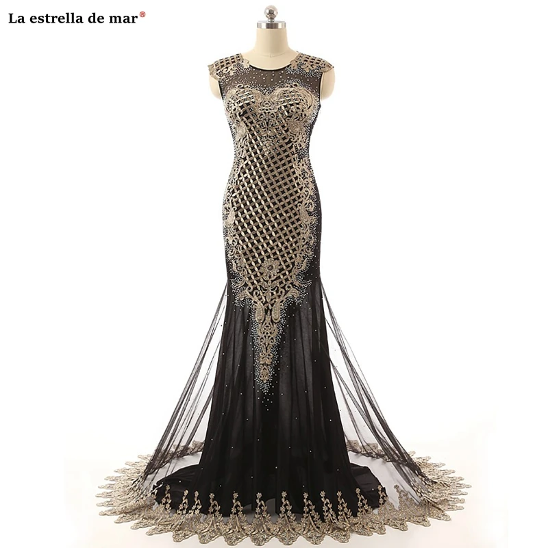 

Abiye modelleri 2019 new lace sexy mermaid black gold Dubai evening dress long Muslim Caftan Marocaine real photo beaded dress