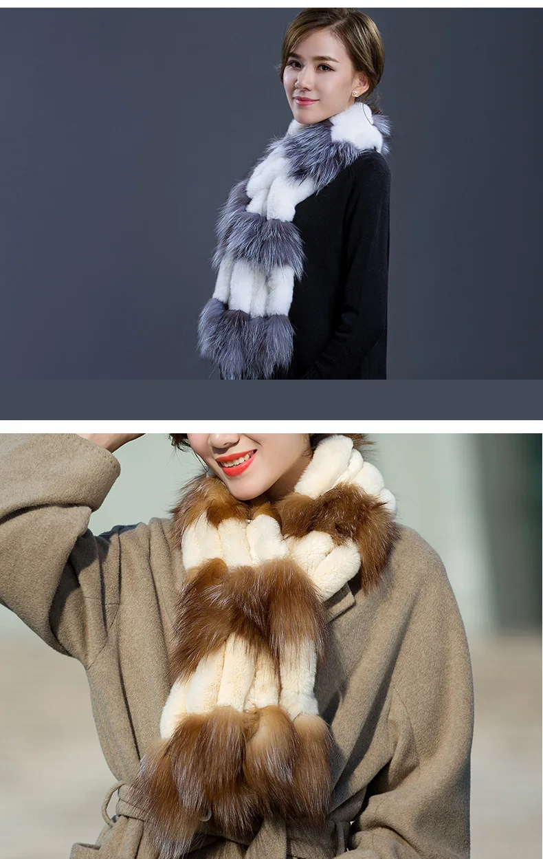 Factory Direct New Real Fur Scarves For Women Handmade Natural Rex Rabbit Fur Scarf With Sliver Fox Fur Wraps (3)