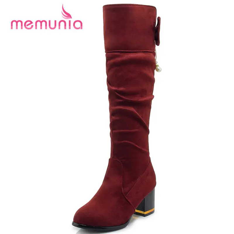 

MEMUNIA new arrive 2018 fashion high heel knee high boots warm short plush women boots autumn winter slip on boots size 34-48