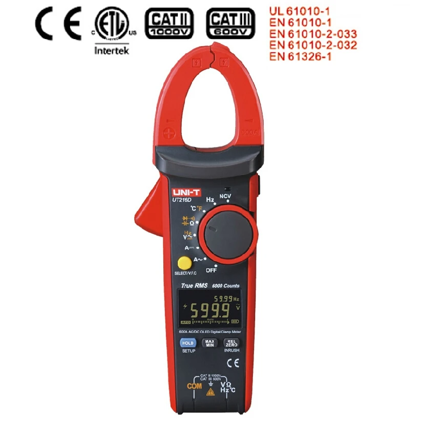 

UNI T UT216D Clamp meter Digital True RMS Multimeter Analog bar AC DC Voltmeter OLED Inrush current Temperature/Capacitor Tester