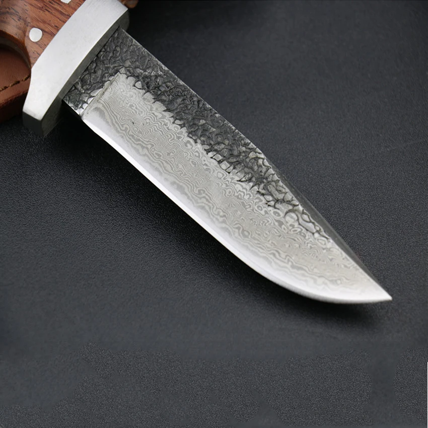 wholesale pattern Damascus steel manual forged straight knife 62HRC hardness outdoor self-defense knife hunting