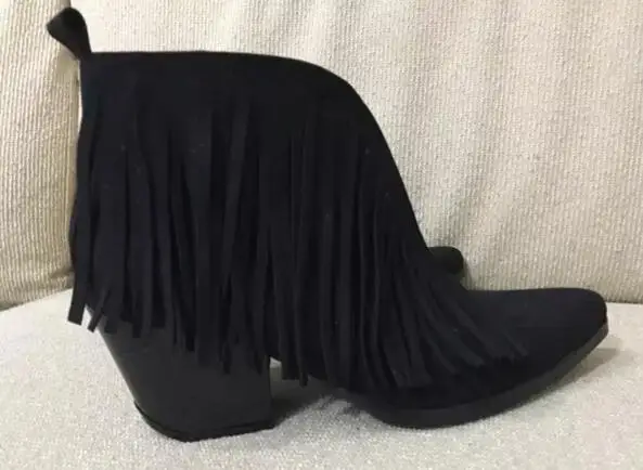 Hot selling woman boots ankle shoes thick heel high heels fringe decoration two color can choose pointed toe short boots