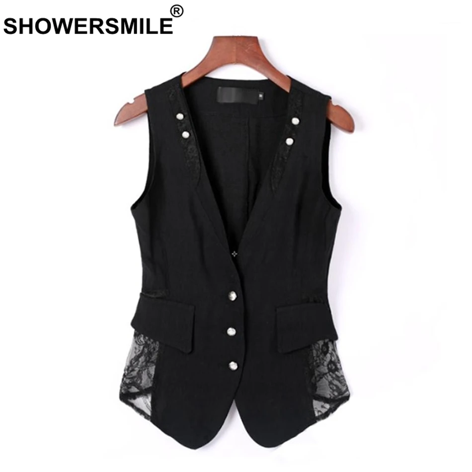 RAINIE SEAN Women Vest Plus Size 4XL Black Linen Lace Summer Waistcoats Fashion Slim Fit Brand Sleeveless Short Vest Jacket
