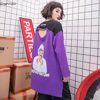 

Hip Hop Top Tees Long Cotton 2018 New Black Women shirt Hollow Out T Shirts Holes Oversized Punk Tshirts Long Sleev5 LT035S50