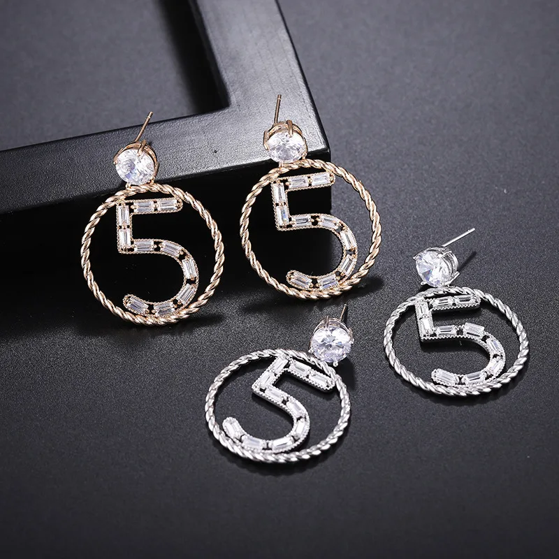 

Bilincolor fashion trendy golden cubic zircon number 5 drop earring for women
