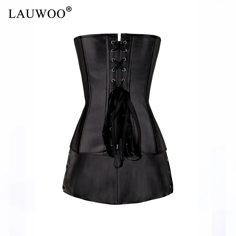 LAUWOO искусственной кожи Overbust Корсет + юбка из Танцовщица Костюм Bodyshaper белье