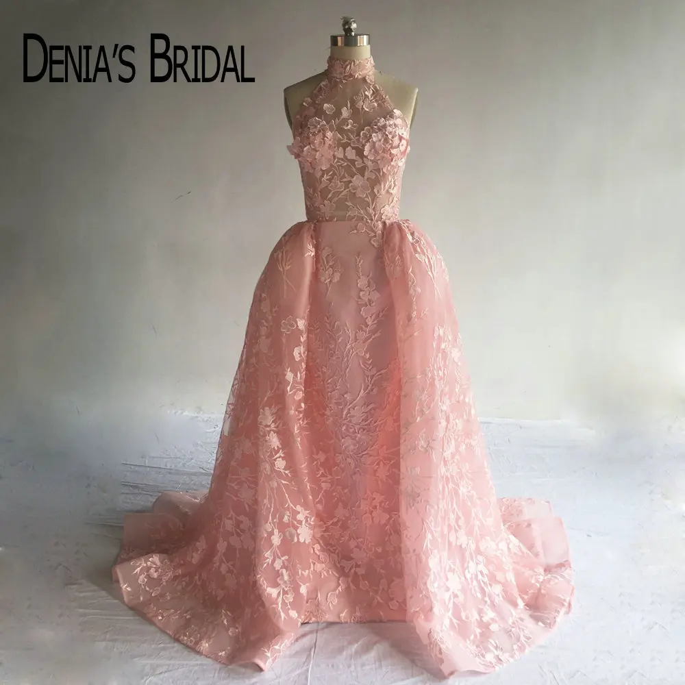 Пышные розовые вечерние платья с верхней юбкой реальное изображение Высокая шея Кружева аппликация бисером вечерние платья на заказ
