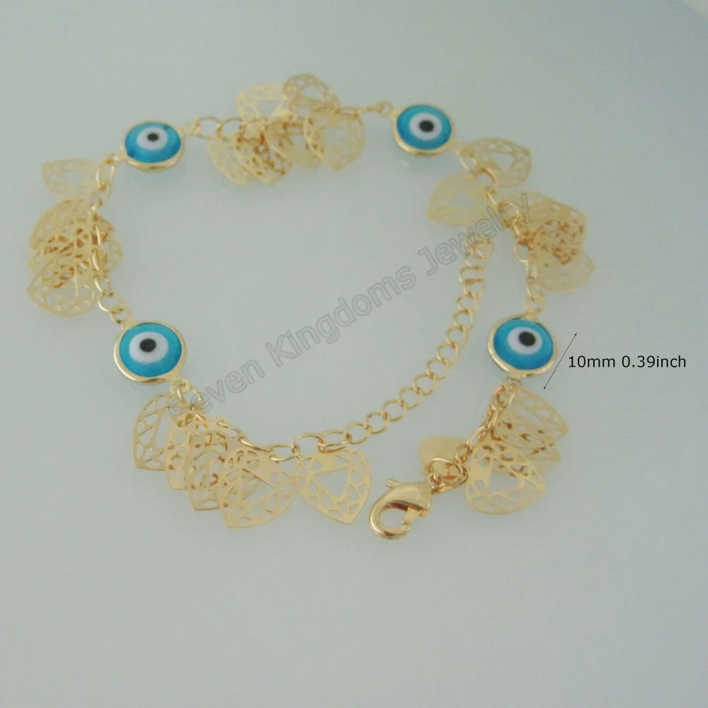 

MIN ORDER 10$ / NEW 8.7"+1.97"" - YELLOW GOLD GP OVERLAY FILL WITH BRASS EVIL EYE GLASS HEART CHARM BRACELET/GREAT GIFT/