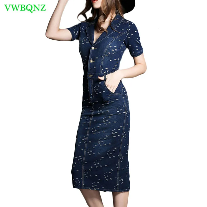 Spring Autumn High waist Denim Dress Women Slim Short sleeve Casual Jeans Dresses Female Holes Denim Blue A word Dresses A724