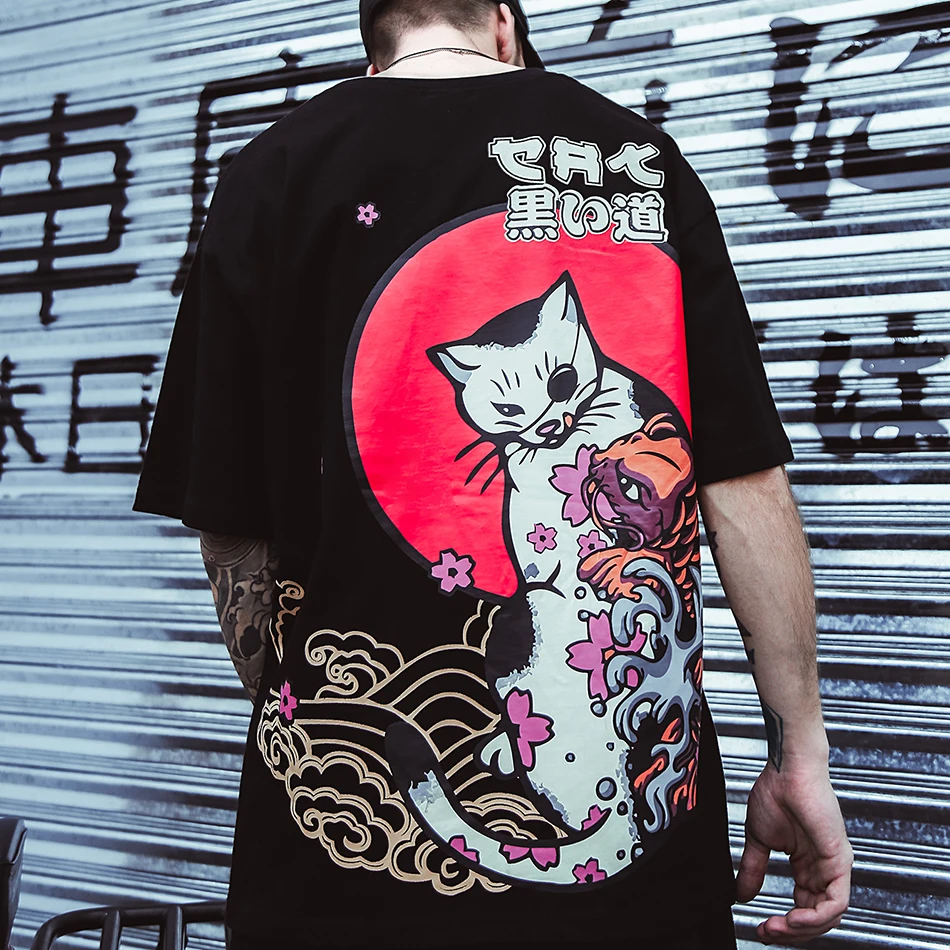 

Japanese Ukiyo Cat Printed T Shirts Men Women 2019 Summer Streetwear Spoof Short Sleeve Tees Hip Hop Casual Tshirts