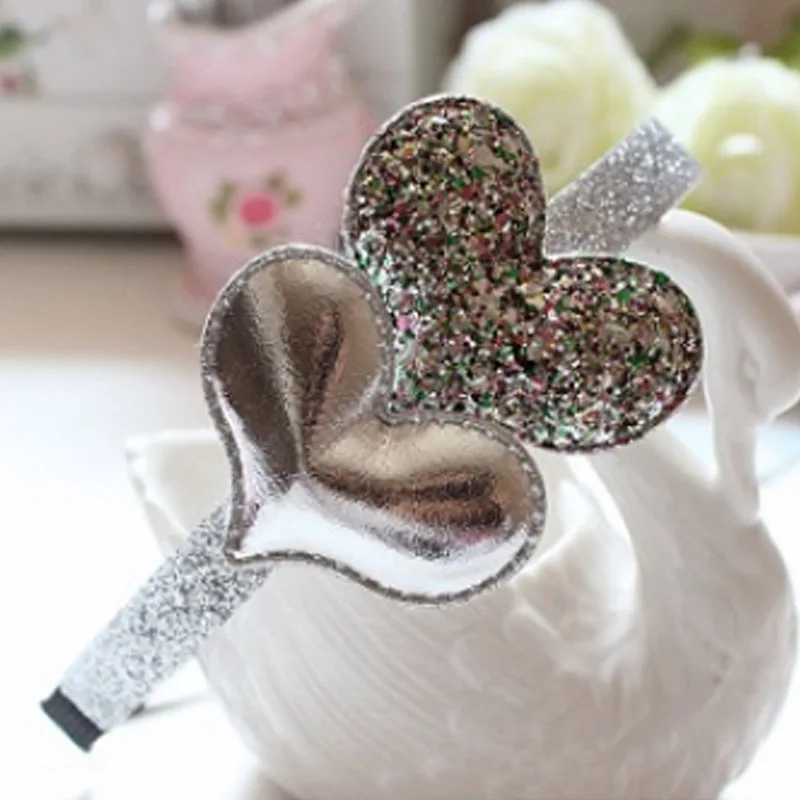 New Children's Headband Golden Gifts 1PC Party Kids Pink Hairband Star Girls Silver Heart Sequin PU Handmade Hair Accessories - Цвет: Love Silver