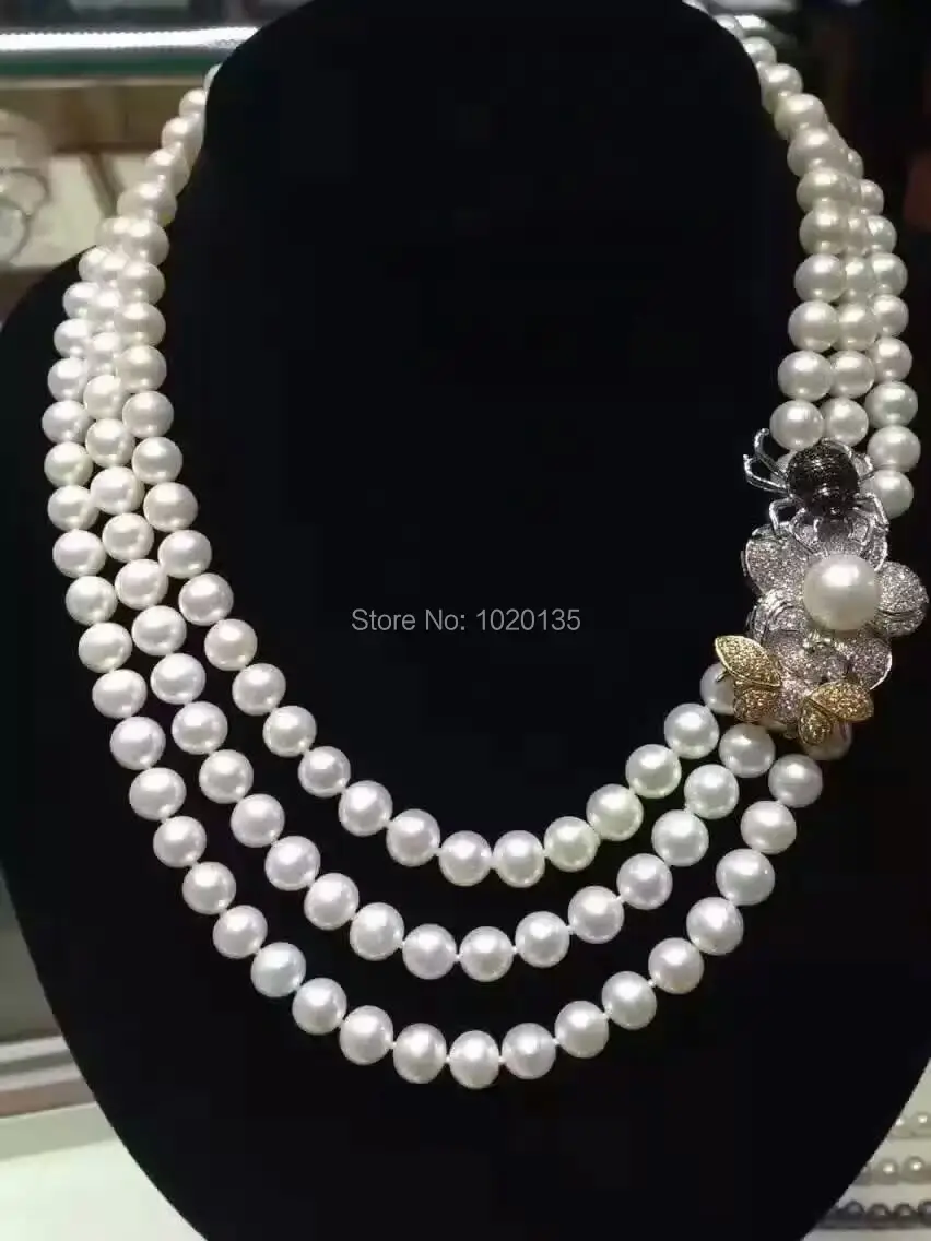 

3rows 7-8mm near round white freshwater pearl necklace FPPJ beads wholesale nature