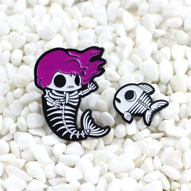 

Purple red hair juvenile head skeleton fish tail enamel pin Cartoon animal fish bone badge Personality creative punk style pin