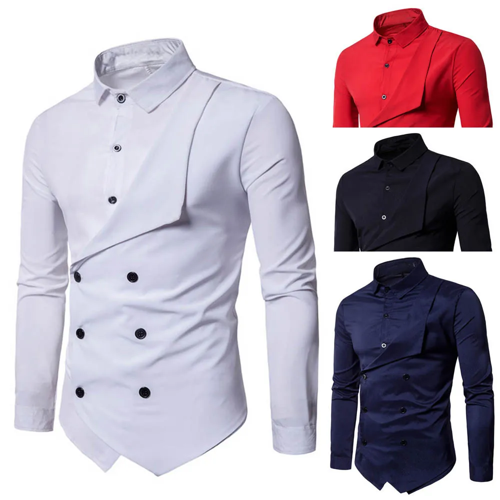 

MUQGEW Fashion Personality Men's Casual Slim Long-sleeved Solid Shirt black white red mens shirts casual slim fit long sleeve